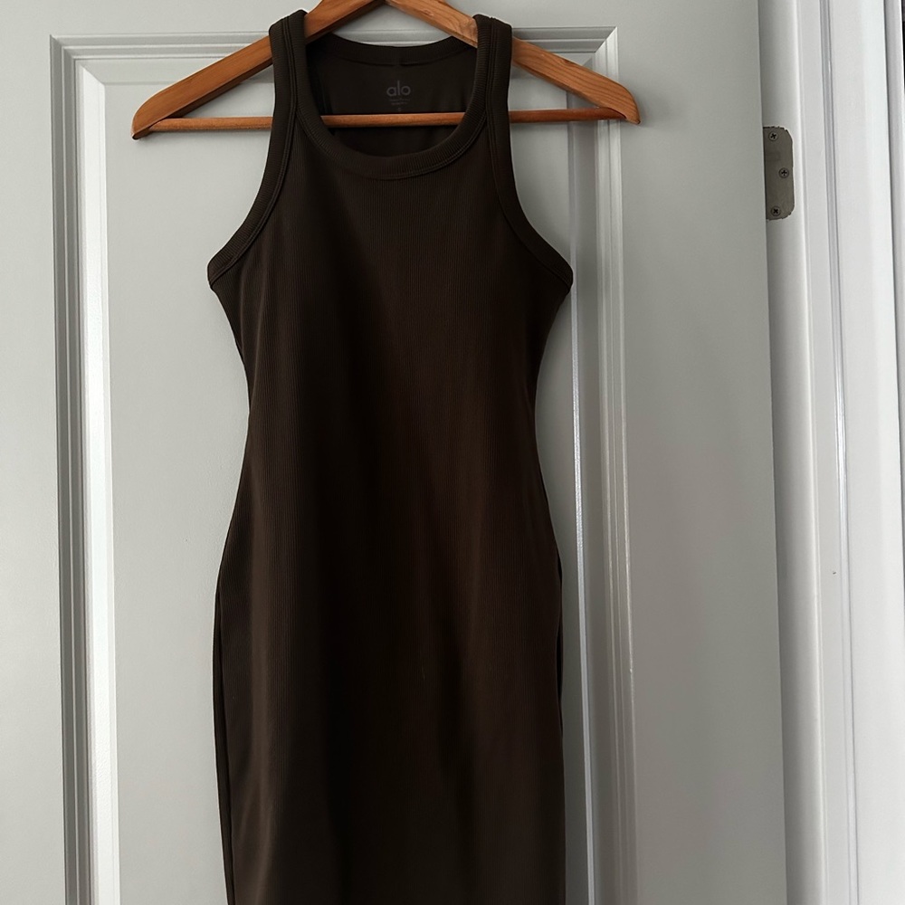 Alo Yoga Goddess Ribbed Go-To Dress Espresso Brown S